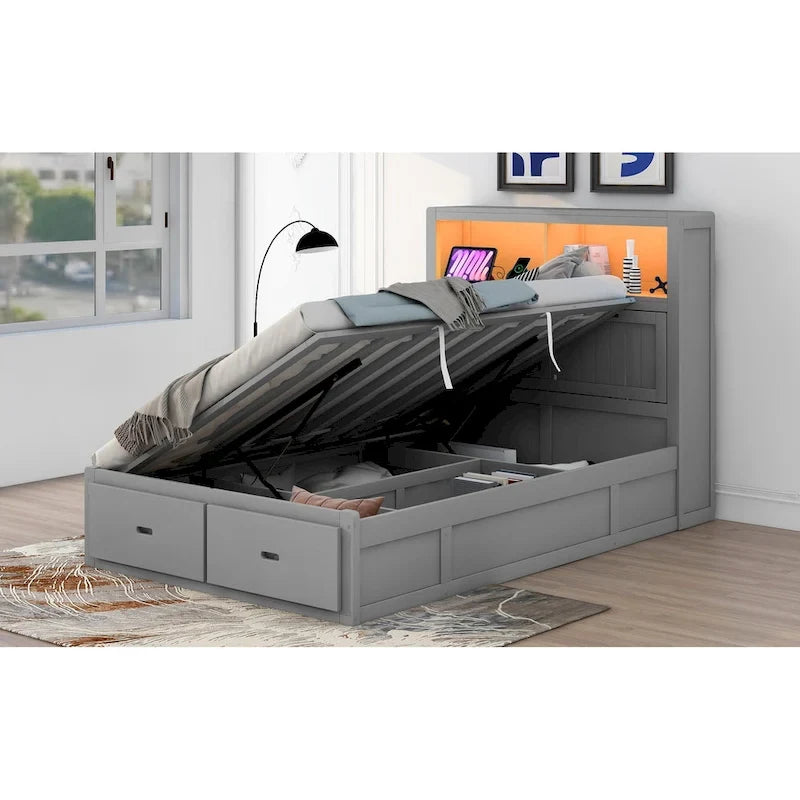 Wood Full Size Hydraulic Platform Bed with Storage LED Headboard, Charging Station and 2 Drawers, Gray