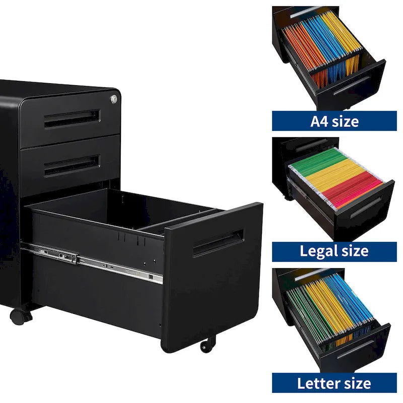 3-drawer Steel Filing Cabinets with Lock Mobile Under Desk Fully Assembled Cabinet