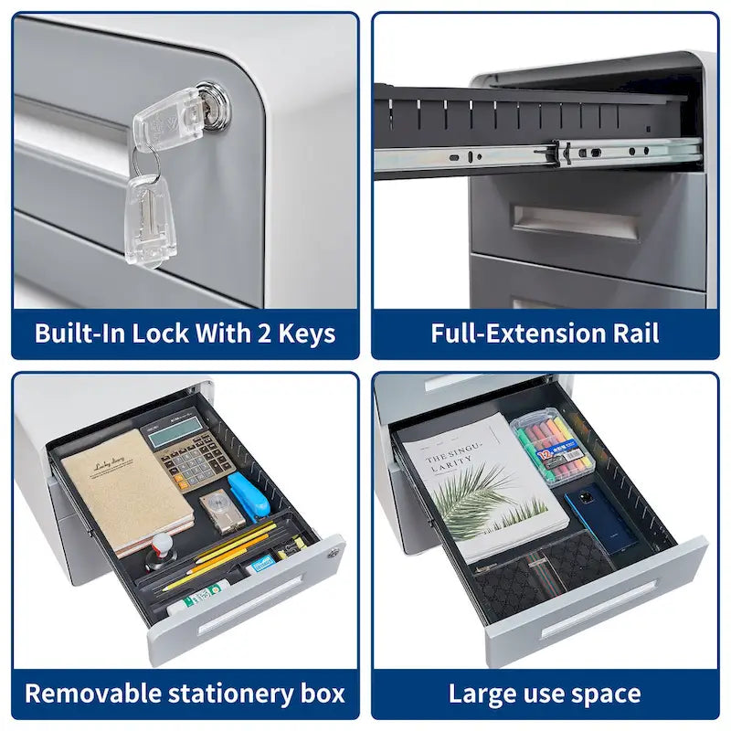 3-drawer Steel Filing Cabinets with Lock Mobile Under Desk Fully Assembled Cabinet