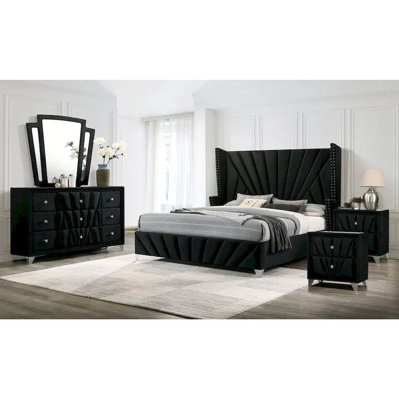 Ambrosia Glam Black Fabric Upholstered Nailhead 5-Piece Panel Bedroom Set by Furniture of America