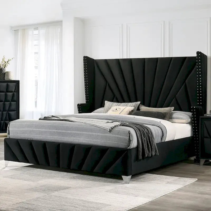 Ambrosia Glam Black Fabric Upholstered Nailhead 5-Piece Panel Bedroom Set by Furniture of America