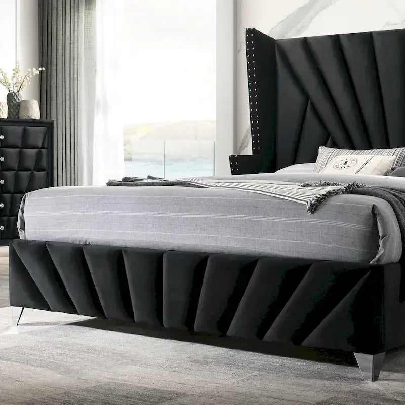 Ambrosia Glam Black Fabric Upholstered Nailhead 5-Piece Panel Bedroom Set by Furniture of America