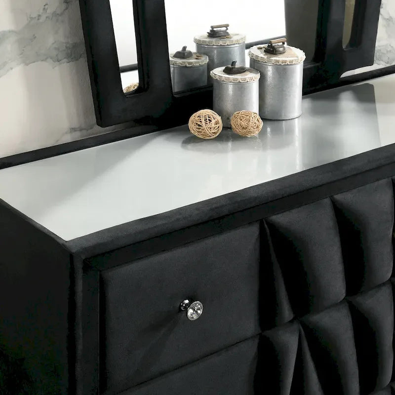 Ambrosia Glam Black Fabric Upholstered Nailhead 5-Piece Panel Bedroom Set by Furniture of America
