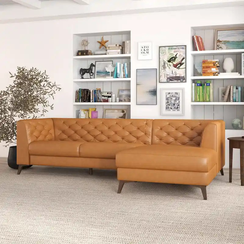 Florentina Modern Chesterfield Tufted Living Room Top Leather Corner Sectional Sofa in Cognac Tan