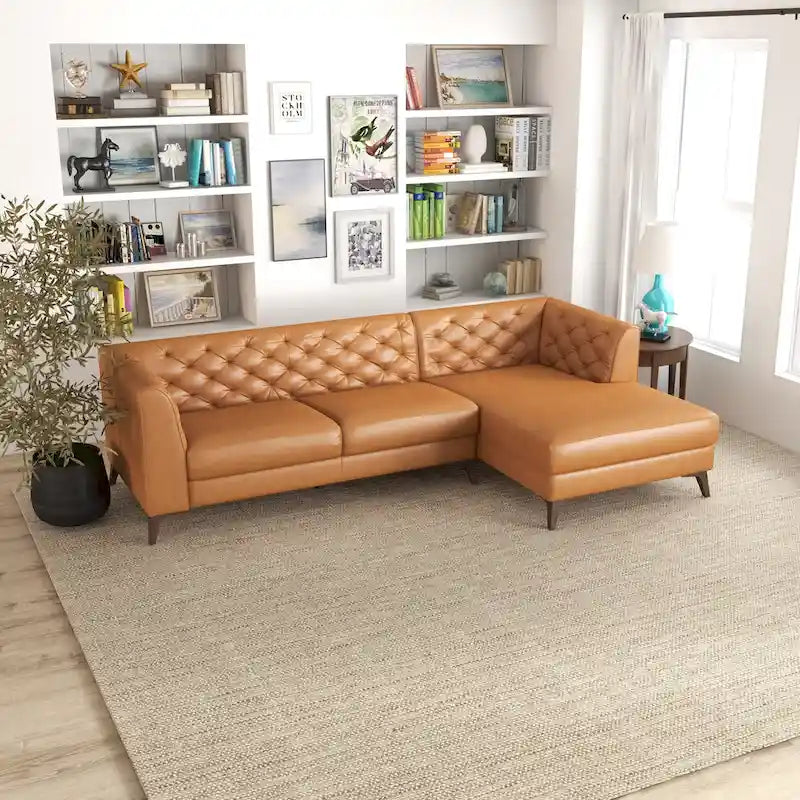 Florentina Modern Chesterfield Tufted Living Room Top Leather Corner Sectional Sofa in Cognac Tan