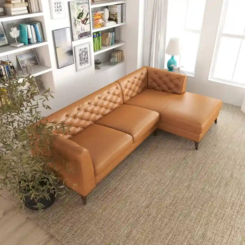 Florentina Modern Chesterfield Tufted Living Room Top Leather Corner Sectional Sofa in Cognac Tan