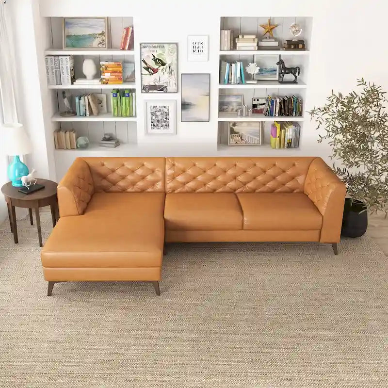 Florentina Modern Chesterfield Tufted Living Room Top Leather Corner Sectional Sofa in Cognac Tan