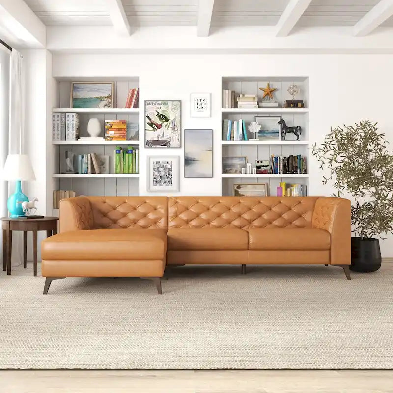 Florentina Modern Chesterfield Tufted Living Room Top Leather Corner Sectional Sofa in Cognac Tan