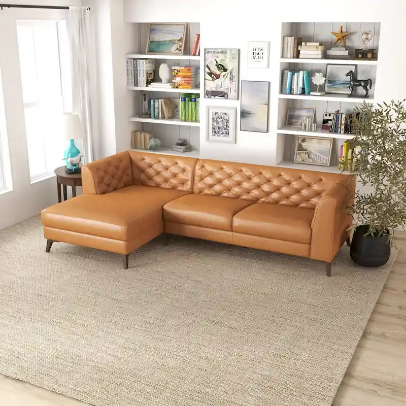 Florentina Modern Chesterfield Tufted Living Room Top Leather Corner Sectional Sofa in Cognac Tan