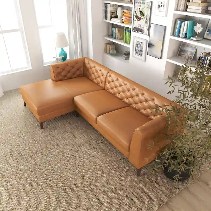 Florentina Modern Chesterfield Tufted Living Room Top Leather Corner Sectional Sofa in Cognac Tan