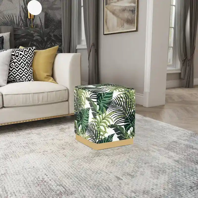 Adeco Square Velvet Ottoman Upholstered Stool Vanity Gold Plating Base