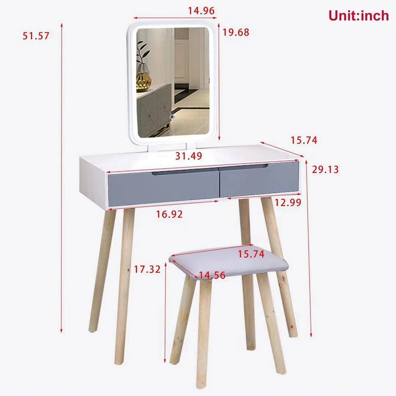 Modern Bedroom Vanity Table Set with Adjustable Brightness Mirror
