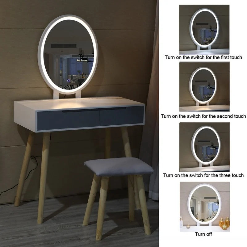 Modern Bedroom Vanity Table Set with Adjustable Brightness Mirror