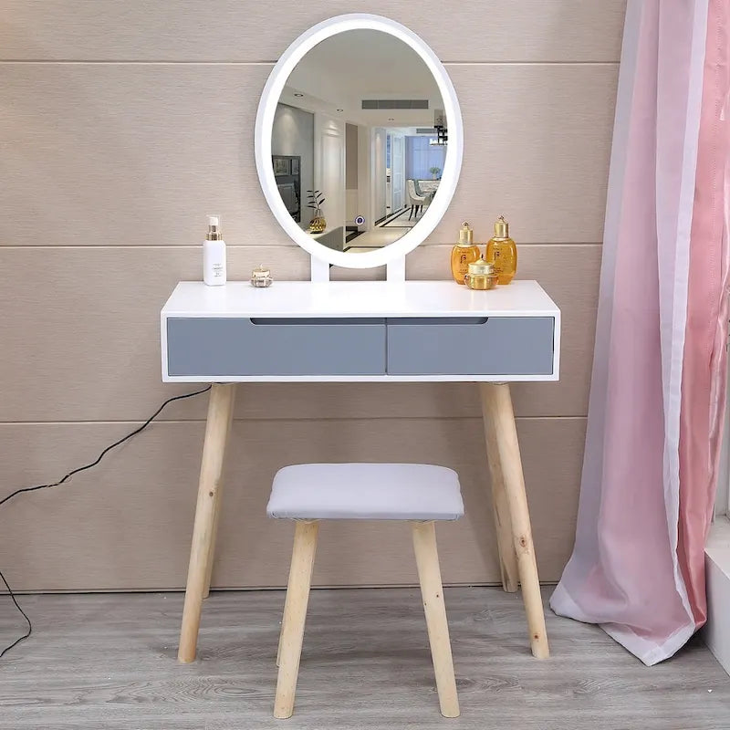 Modern Bedroom Vanity Table Set with Adjustable Brightness Mirror