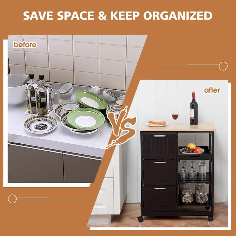 Rolling Kitchen Storage Cart with Large Storage Drawers and Shelves