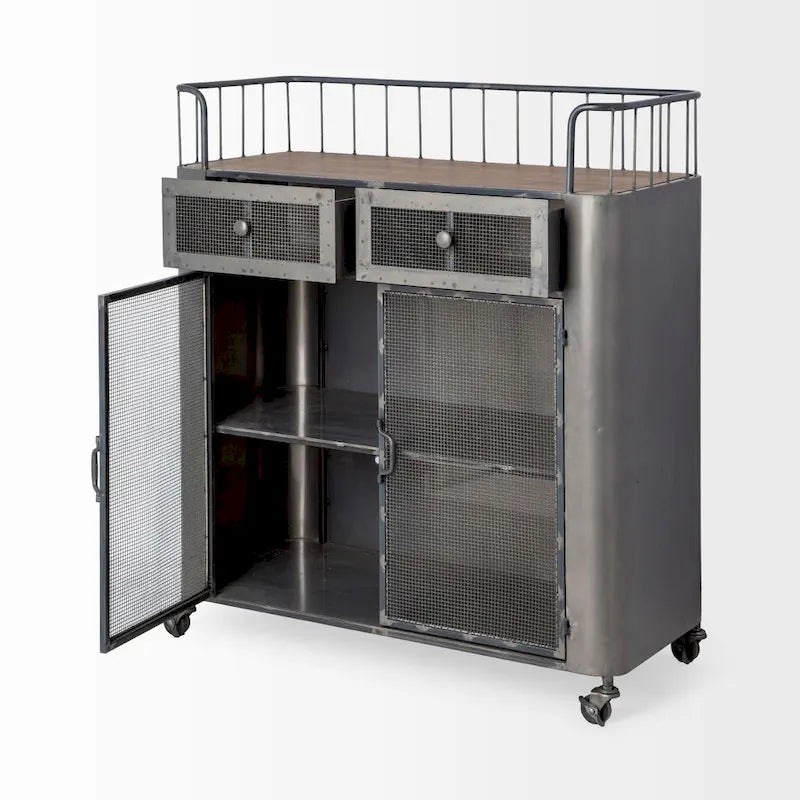 Udo Gray Metal & Brown Wood Top Bar Cart - 16.5L x 35.4W x 40.7H