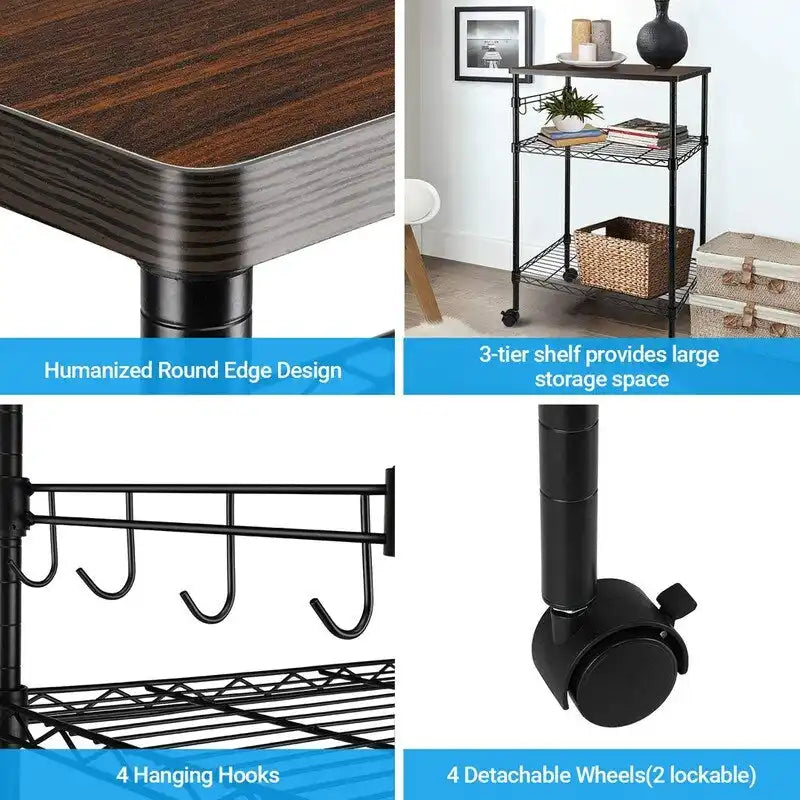 Metal Storage 3-Tier Rolling Kitchen Utility Cart