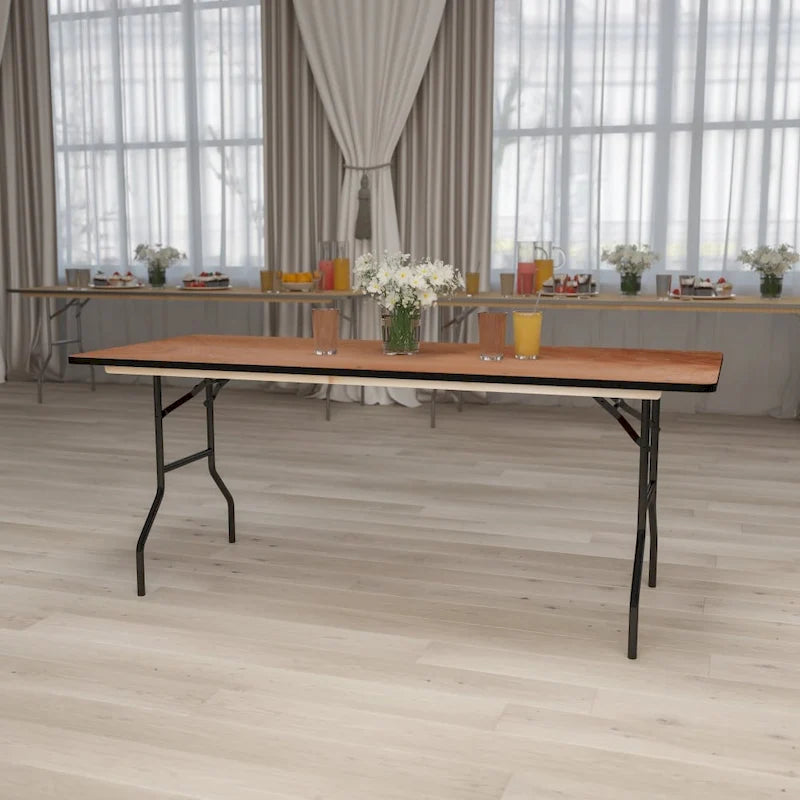6-Foot Rectangular Wood Folding Banquet Table with Clear Coated Finished Top - 72D x 30W x 30.25H