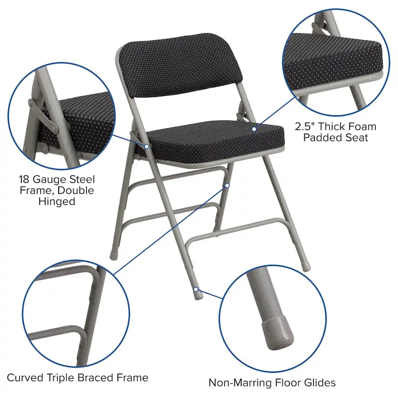 4 Pack Curved Triple Braced & Hinged Fabric Upholstered Metal Folding Chair