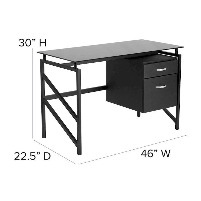 Two Drawer Pedestal Desk with Tempered Glass Top and Metal Frame