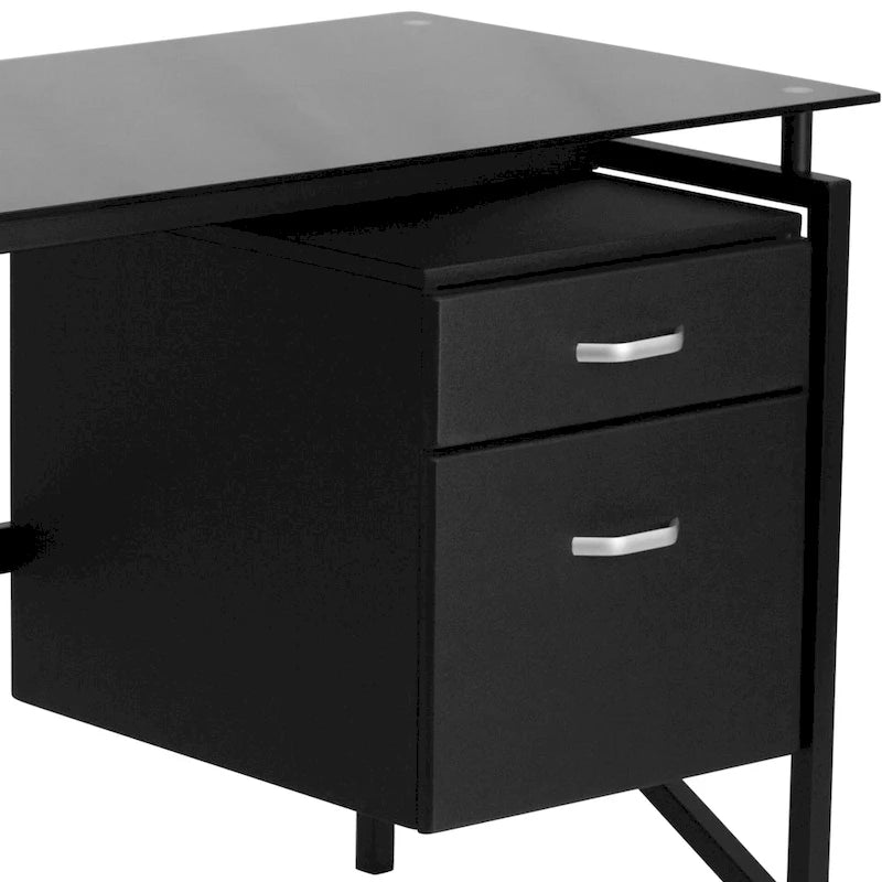 Two Drawer Pedestal Desk with Tempered Glass Top and Metal Frame