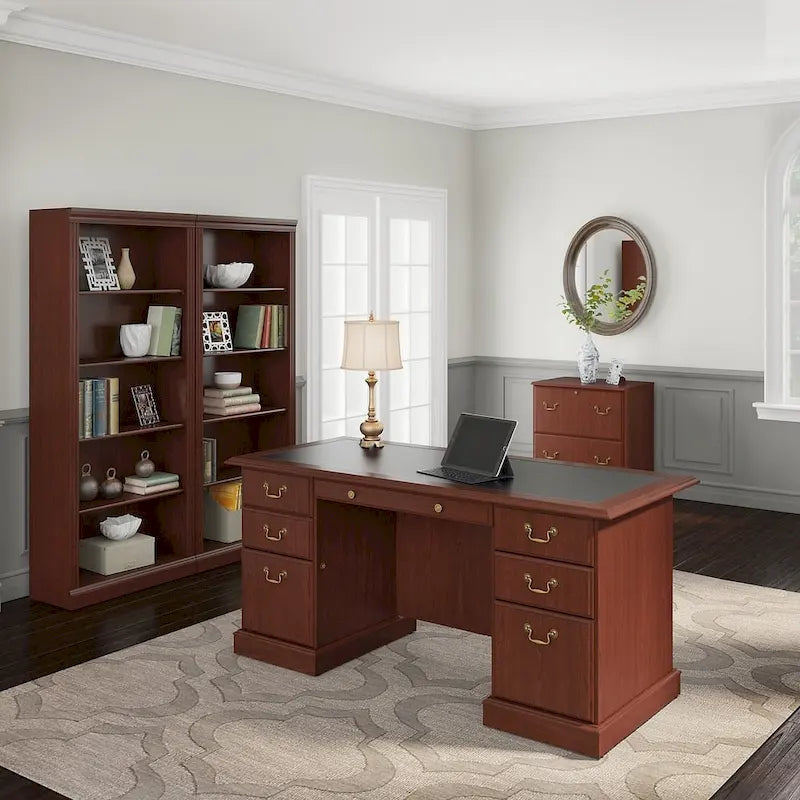 Bush Furniture Saratoga Executive Desk, Lateral File Cabinet and Two 5 Shelf Bookcases in Harvest Cherry