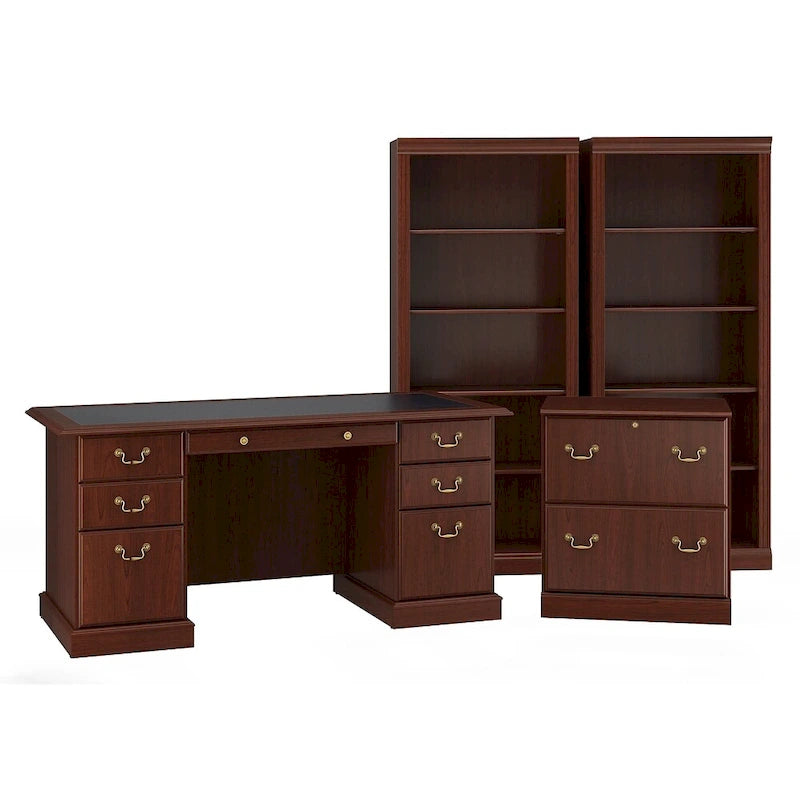 Bush Furniture Saratoga Executive Desk, Lateral File Cabinet and Two 5 Shelf Bookcases in Harvest Cherry
