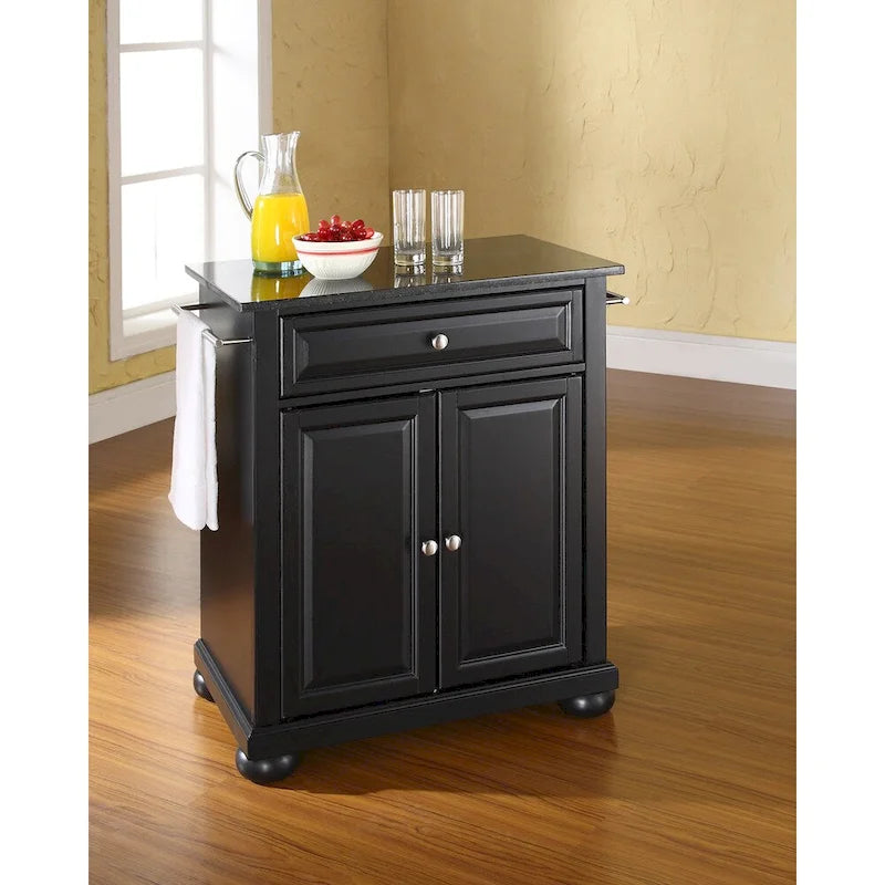 Alexandria Solid Black Granite Top Portable Kitchen Island in Black Finish - 18d x 31w x 33.5h
