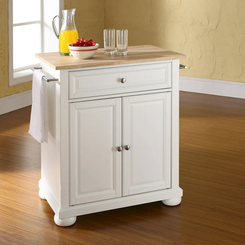  Alexandria Wood Top Portable Kitchen Island in White Finish - 18d x 31w x 33.5h