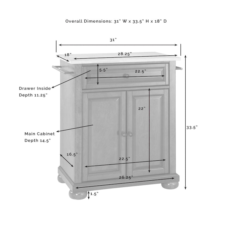 Alexandria Wood Top Portable Kitchen Island in White Finish - 18d x 31w x 33.5h