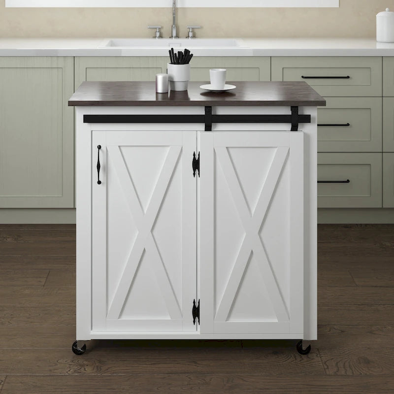 SEI Furniture Lankershim Modern Farmhouse White Wood Kitchen Cart