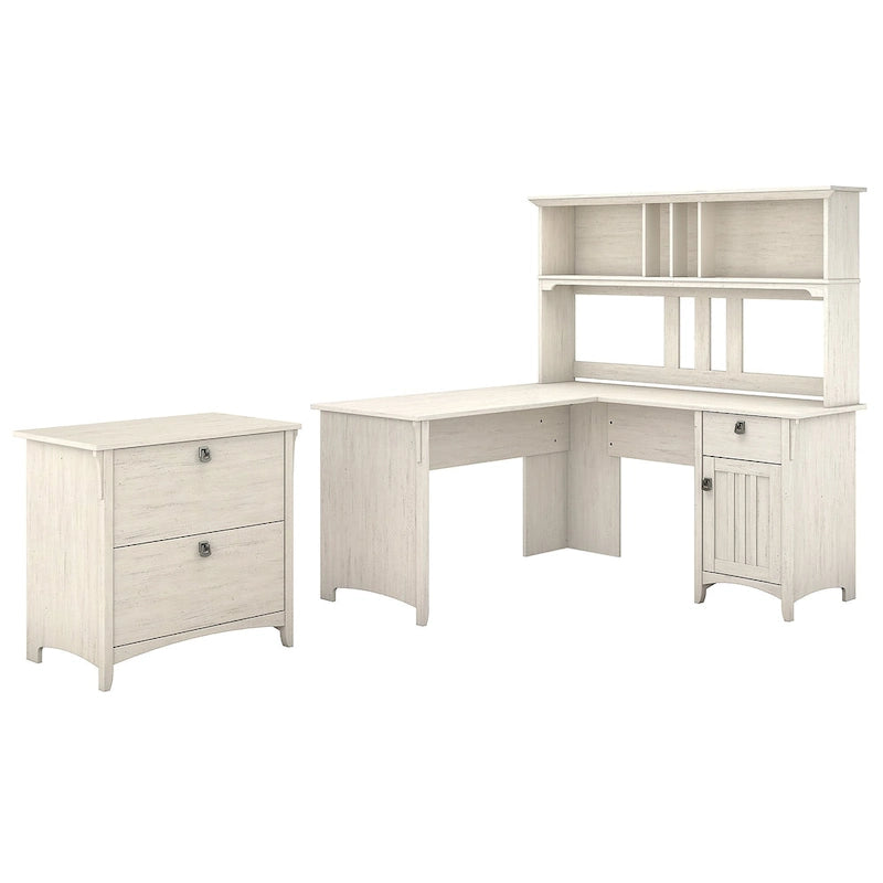 Salinas 60W L Shaped Desk with Hutch and Lateral File Cabinet in White