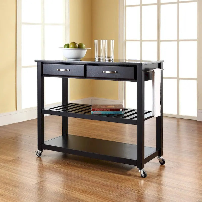  Solid Black Granite Top Kitchen Cart/Island With Optional Stool Storage in Black Finish - 17d x 43w x 35h