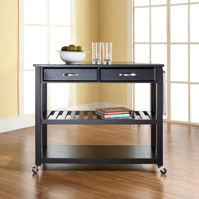 Solid Black Granite Top Kitchen Cart/Island With Optional Stool Storage in Black Finish - 17d x 43w x 35h