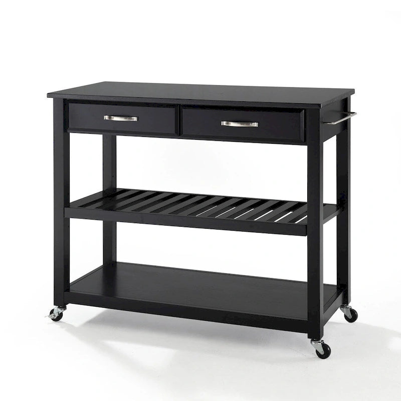 Solid Black Granite Top Kitchen Cart/Island With Optional Stool Storage in Black Finish - 17d x 43w x 35h