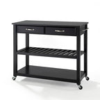 Solid Black Granite Top Kitchen Cart/Island With Optional Stool Storage in Black Finish - 17d x 43w x 35h
