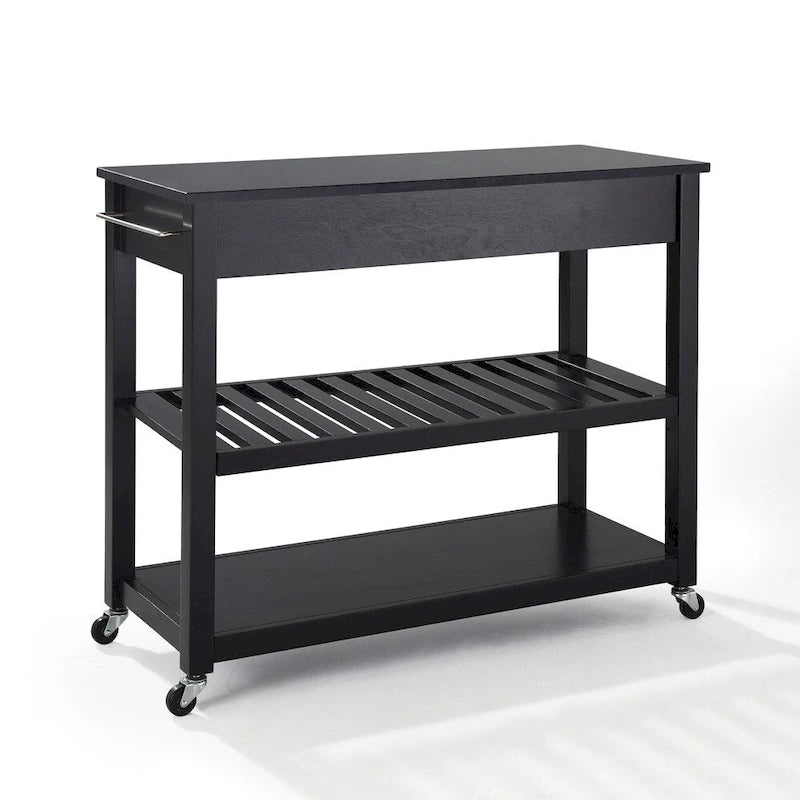Solid Black Granite Top Kitchen Cart/Island With Optional Stool Storage in Black Finish - 17d x 43w x 35h