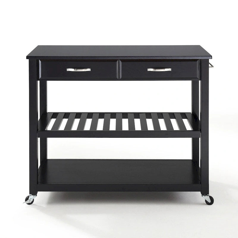 Solid Black Granite Top Kitchen Cart/Island With Optional Stool Storage in Black Finish - 17d x 43w x 35h