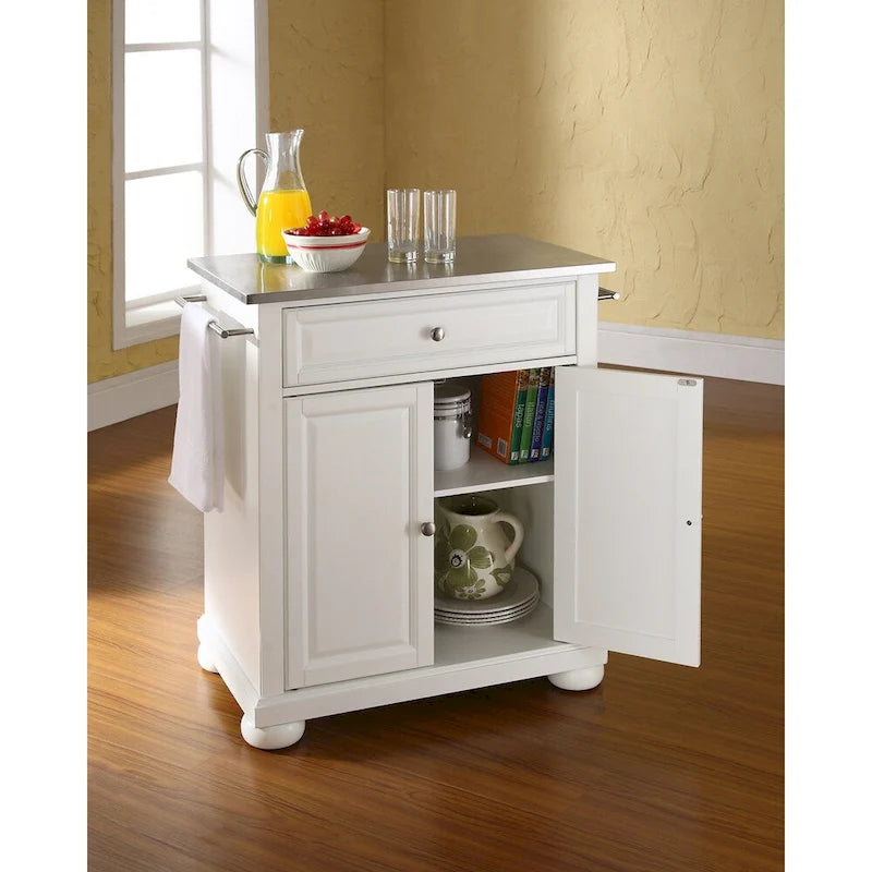 Alexandria White Wood Portable Kitchen Island with Stainless Steel Top - 31W x 18D x 33.5H