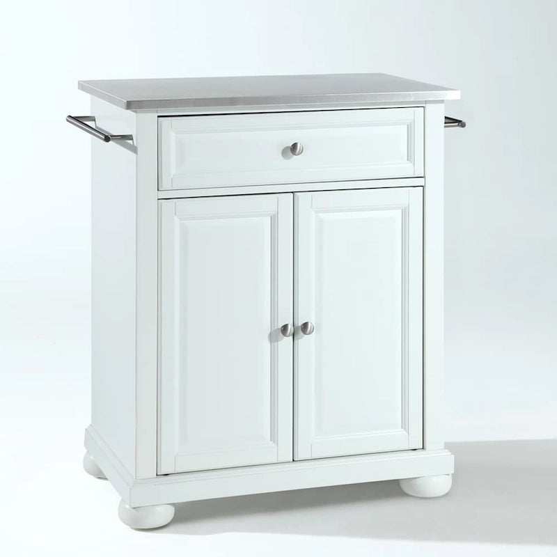 Alexandria White Wood Portable Kitchen Island with Stainless Steel Top - 31W x 18D x 33.5H