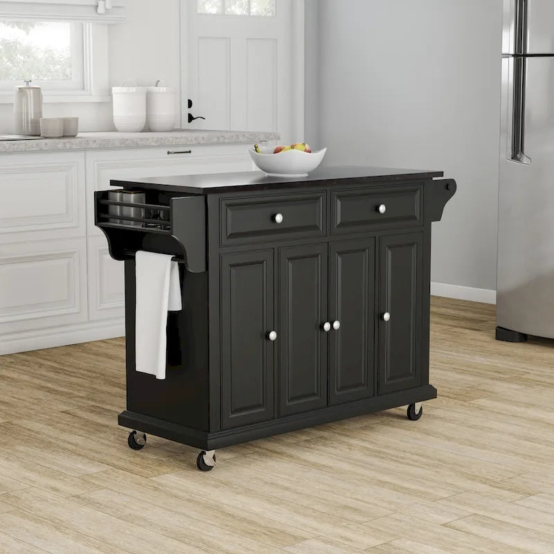  Black Wood Kitchen Cart/ Island with Solid Black Granite Top - 18d x 51.5w x 36h