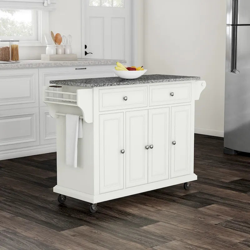  Full Size White Wood and Granite Top Kitchen Cart - 18d x 51.5w x 36h