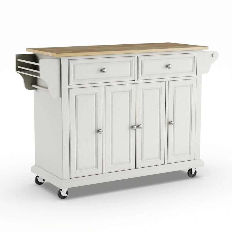 Full Size White Natural Wood Top Kitchen Cart Island - 18d x 51.5w x 36h