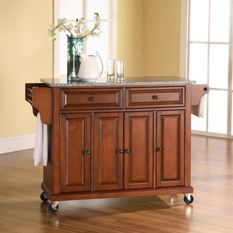  Full Size Granite Top Kitchen Cart in Cherry - 18d x 51.5w x 36h