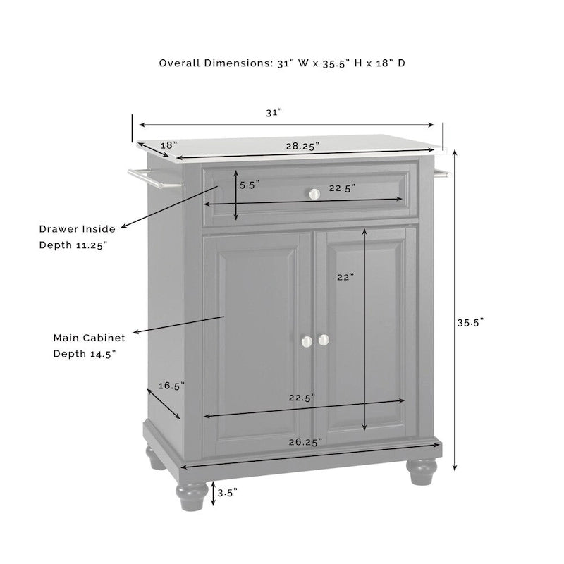 Cambridge Stainless Steel Top Portable Kitchen Island in White Finish - 18d x 31w x 35h