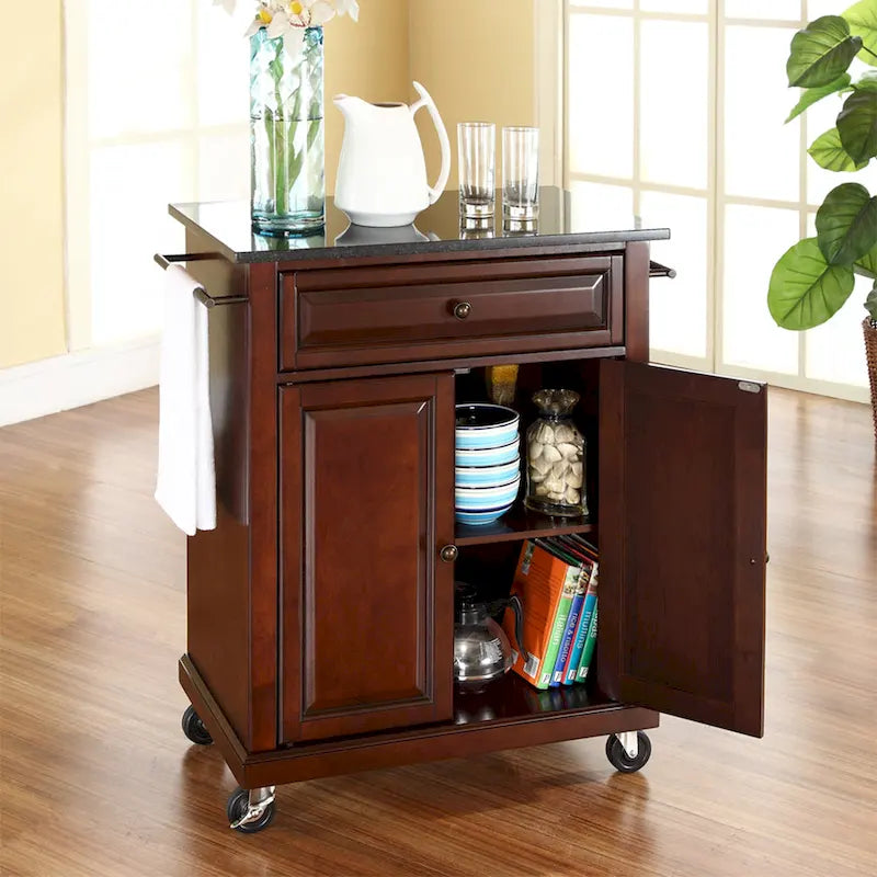 Compact Solid Black Granite Top Portable Kitchen Cart/ Island in Vintage Mahogany Finish - 18d x 31w x 35.5h