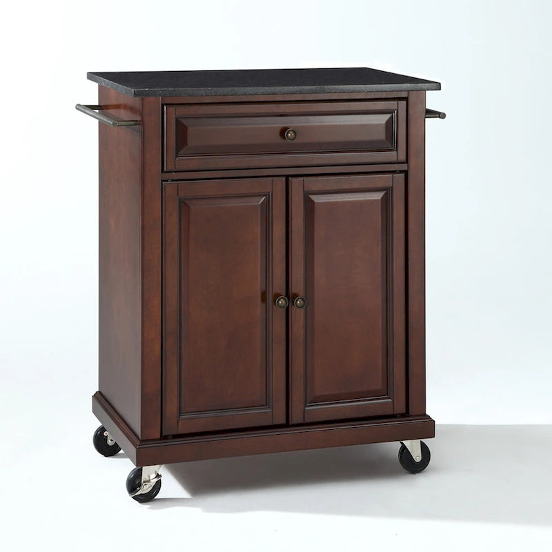 Compact Solid Black Granite Top Portable Kitchen Cart/ Island in Vintage Mahogany Finish - 18d x 31w x 35.5h