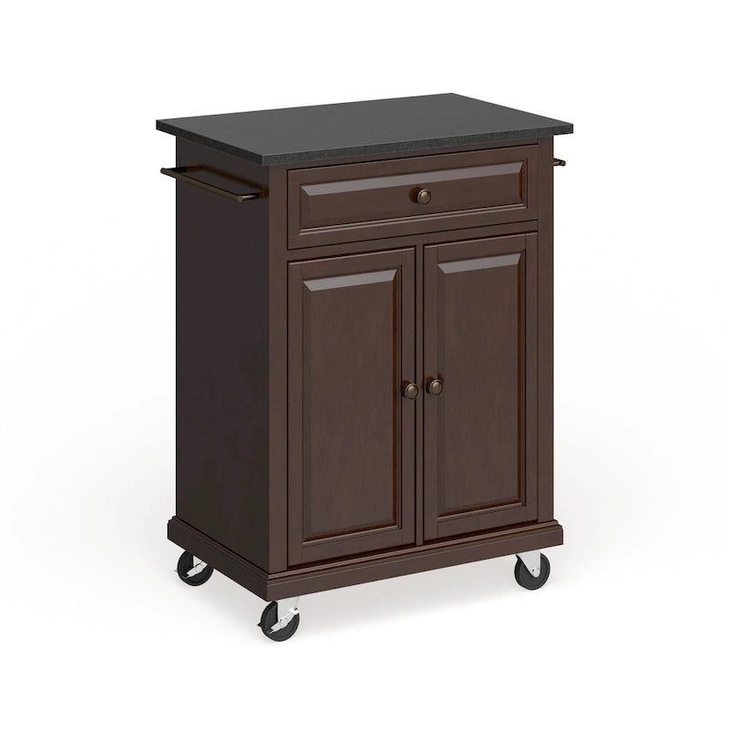 Compact Solid Black Granite Top Portable Kitchen Cart/ Island in Vintage Mahogany Finish - 18d x 31w x 35.5h
