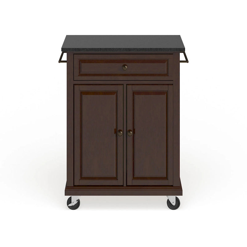 Compact Solid Black Granite Top Portable Kitchen Cart/ Island in Vintage Mahogany Finish - 18d x 31w x 35.5h