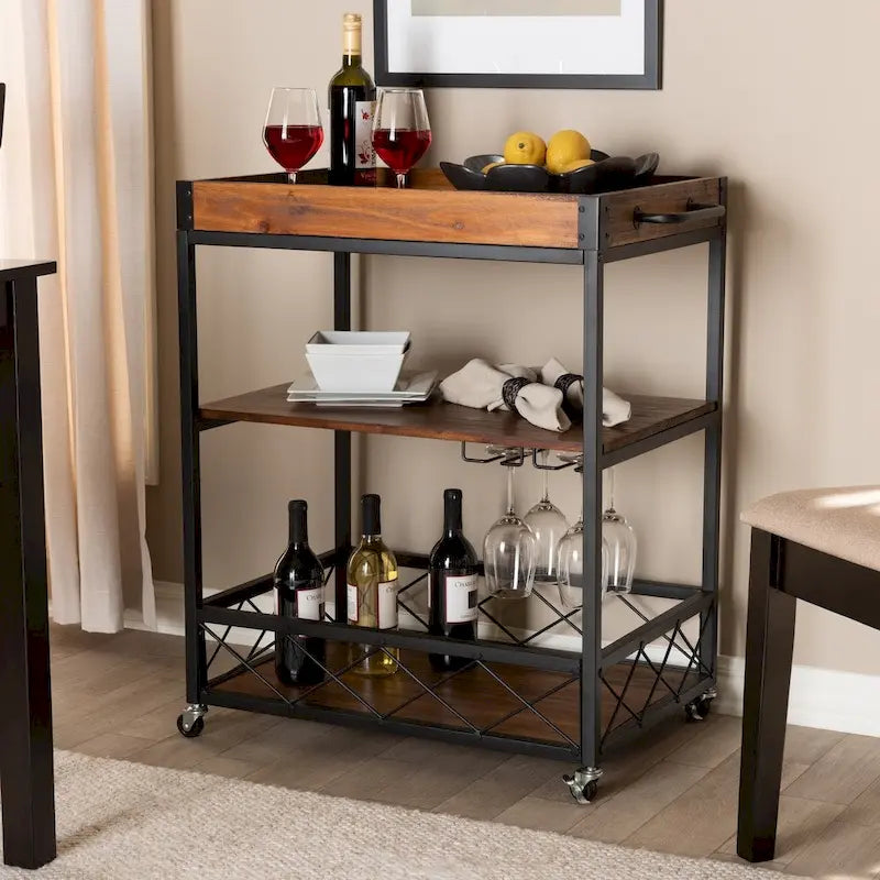 Industrial Oak Brown Bar Cart with Stemware Rack